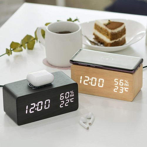 우드 고속무선충전 온습도 LED탁상시계 i14