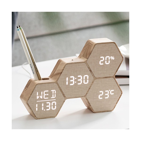 상품 이미지: 플라이토 허니콤 우드 인테리어 LED탁상시계 i117