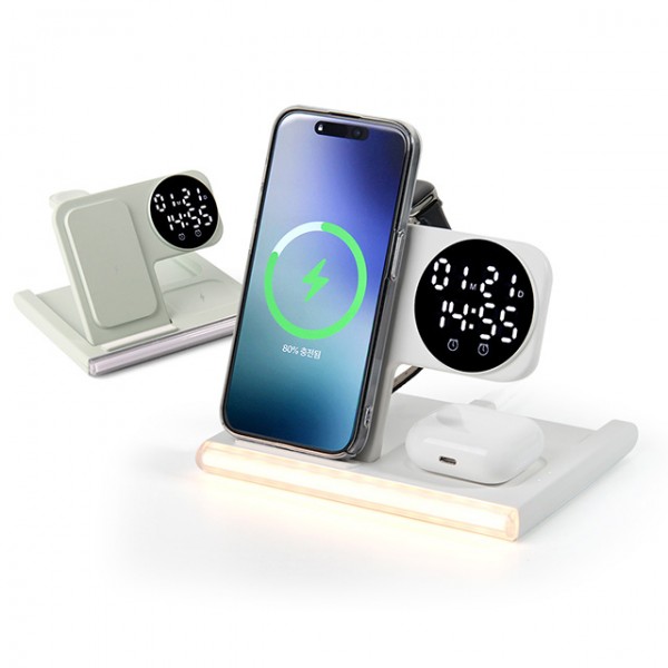 상품 이미지: 5in1 접이식 15W 고속무선충전 무드램프 알람시계(애플&삼성워치호환)
