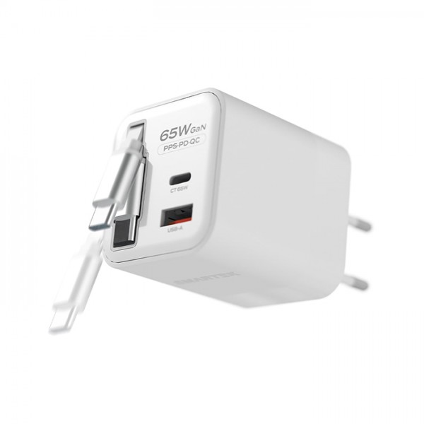 상품 이미지: 스마텍 65W 일체형릴케이블 2포트 초고속 멀티충전기 어댑터 STQC-Reel65W C